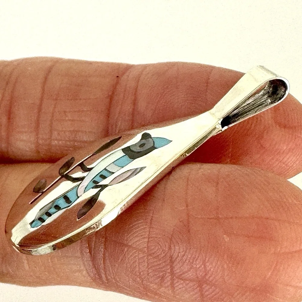 Zuni Blue Jay Pendant 1.5in  Edaakie Native Amer Inlay Turquoise Sterling Animal
